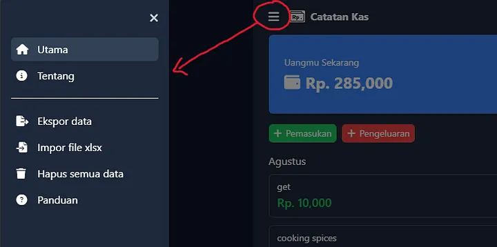 menu pada catatan kas